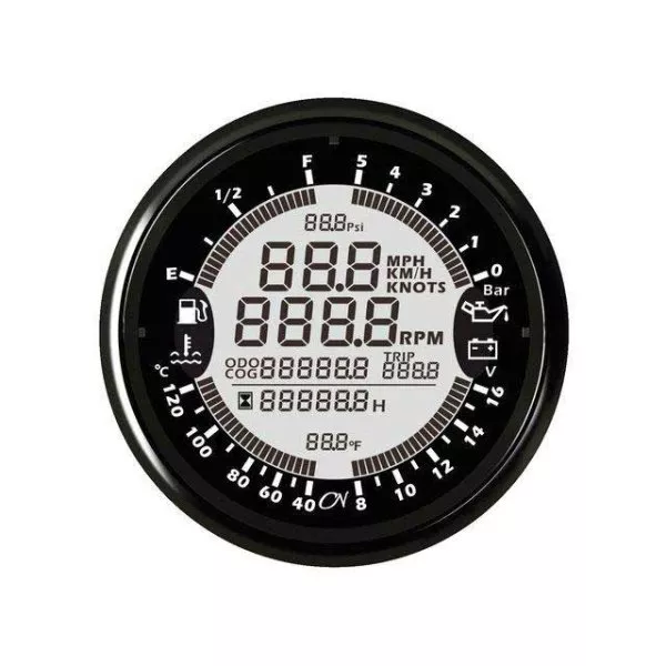 6 In 1 Instrument - Black Dial, Black Bezel, 12V