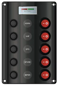 Allpa Plastic Circuit Panel, 12v, 5-Position & LED-Indicators, Automatic Fuses, Dims. 180x107mm, Splash Proof, 1x5a, 2x10a, 2x15a Fuses